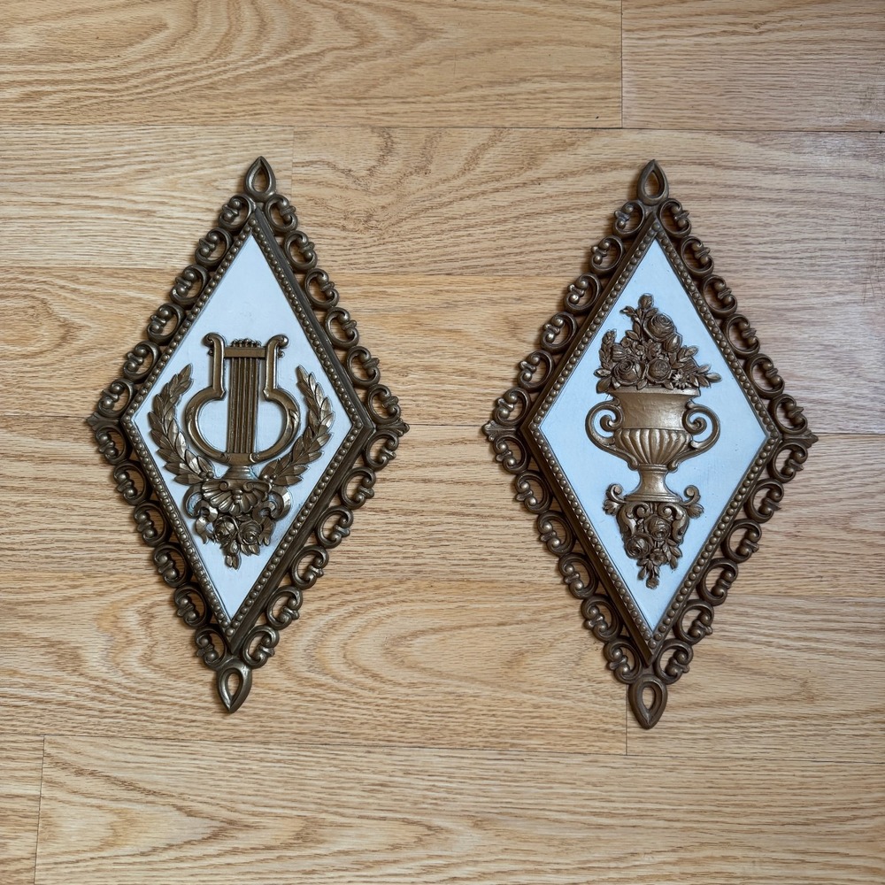 Vintage 1971 Homco Hollywood Regency Gold Diamond Wall Plaques Set 2 Lyre & Urn